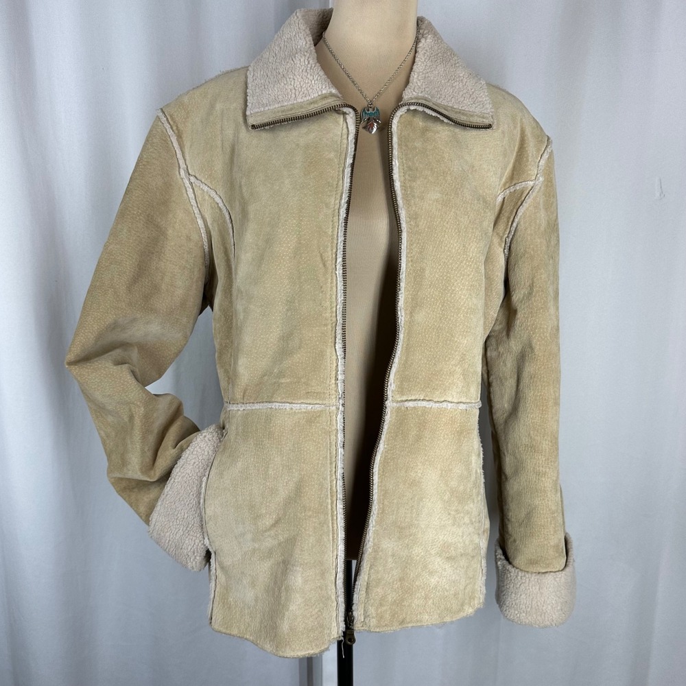Bagatelle Women's Suede Leather Faux Sherpa Coat Beige Size M Vintage